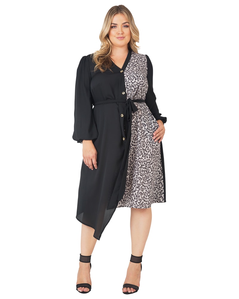 Front of a model wearing a size 1X Leah Lantern Sleeve Dress in BLACKBROWN by Standards & Practices. | dia_product_style_image_id:275984